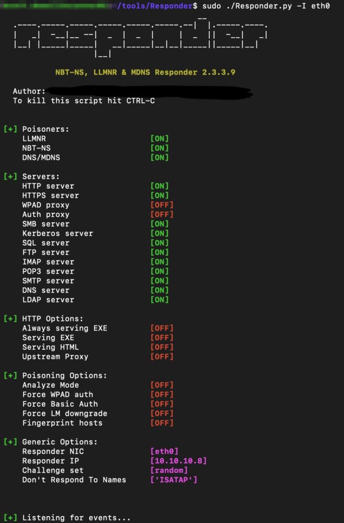 sudo ./Responder.py -I eth0 Code block results from responder by white oak security’s cybersecurity blog