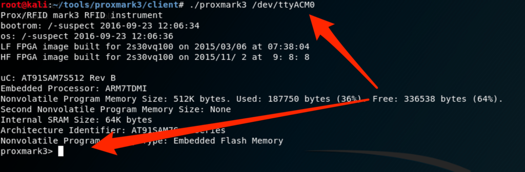 The following screenshot by White Oak Security shows a successful connection to the Proxmark3 (in the code).