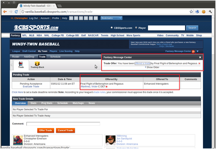 Figure 5. Attacker’s team’s trade page displaying the unauthorized trade offer from the opponent’s team.