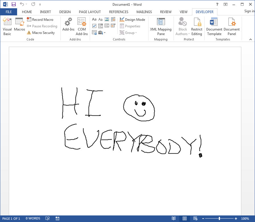 Word Document by White Oak Security has a drawn image that says Hi Everybody with a smiley face.