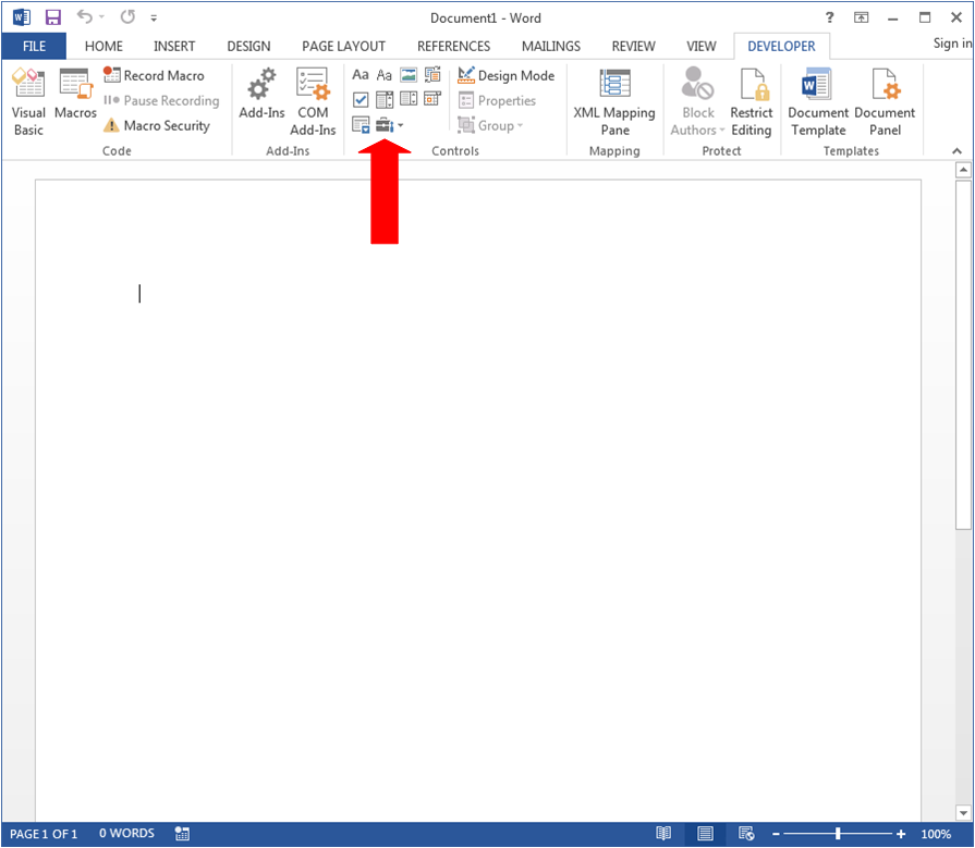 Word document screenshot by White Oak Security has a red arrow to the CONTROLs setting in the DEVELOPER menu tab, it looks like a little toolbox.