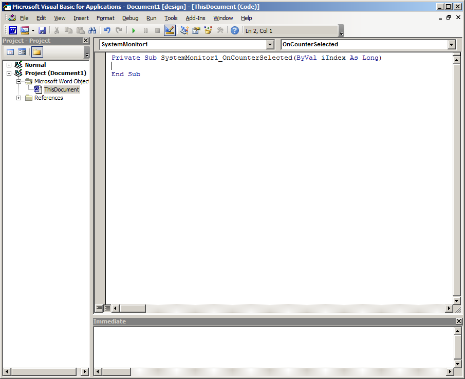 In the editor, we can see the event handler that Word populated for us, shown here in White Oak Security's screenshot 