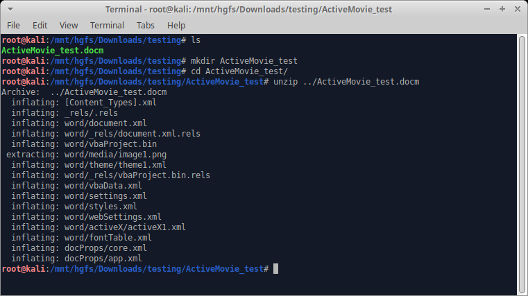 White Oak Security will save this file to the VM’s shared drive as ActiveMovie_test.docm, and then unpack the file