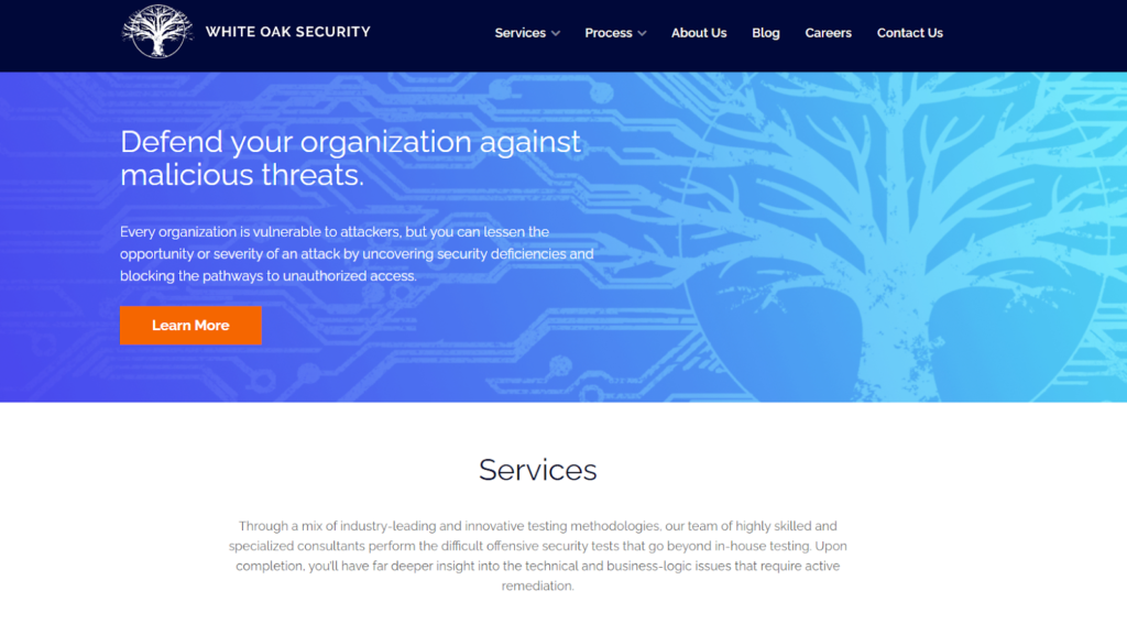 Screenshot of White Oak Security's new website homepage