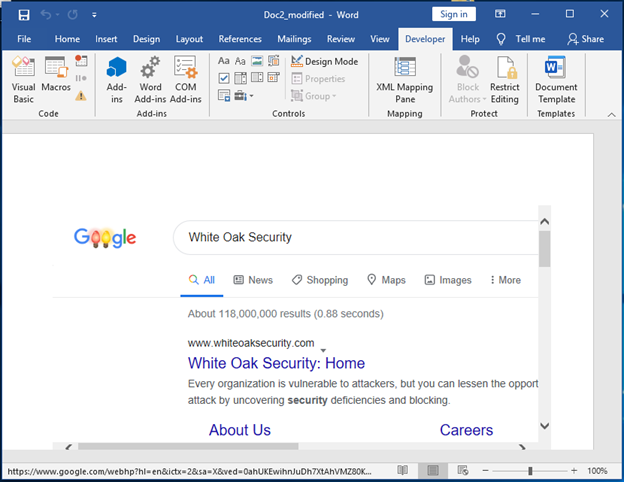 In the word doc, shown here by White Oak Security, the web browser is operational and can be used to search within the document.