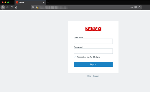 This is a screenshot of zabbix portal to log in captured by White Oak Security, a testing company.