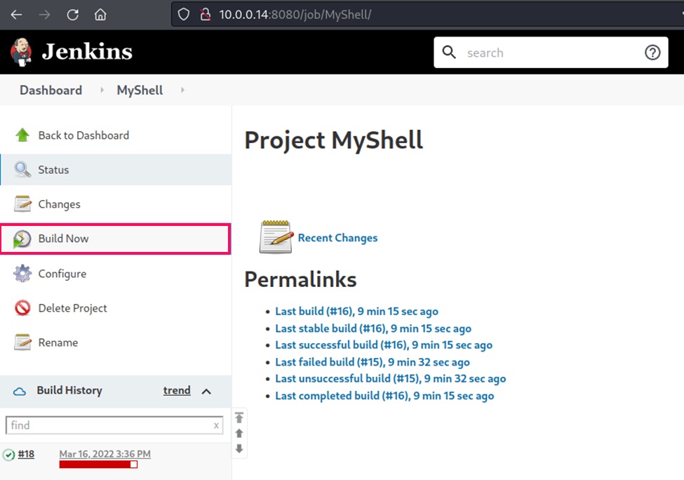In this screenshot by White Oak Security we show to Click “Build Now” to execute the malicious project