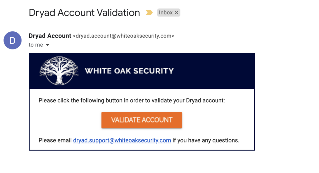 Screenshot of DRYAD account validation email from White Oak Security 