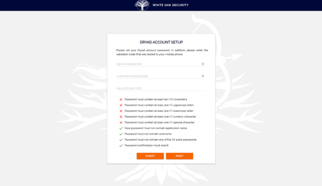 DRYAD Validate Account page has the password set up and validation code 