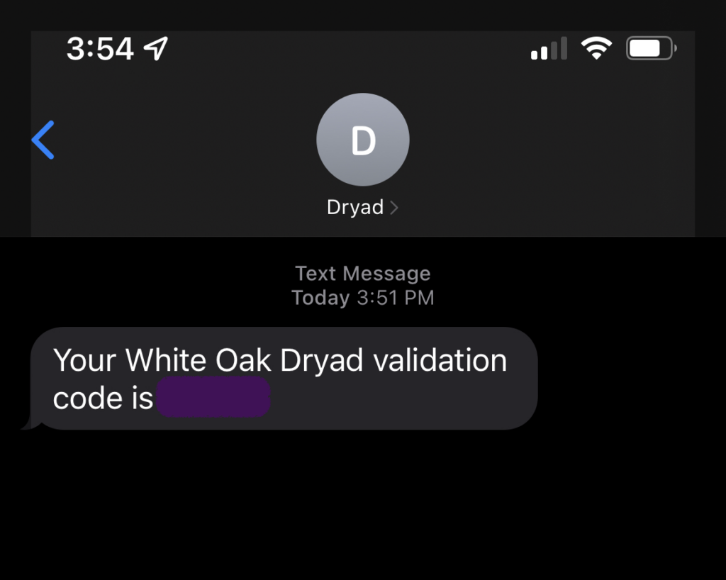 Screen shot of mobile text of DRYAD validation code