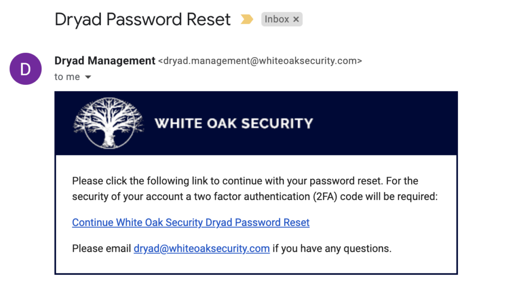 DRYAD password reset email screenshot, this email is only valid for 20 minutes 