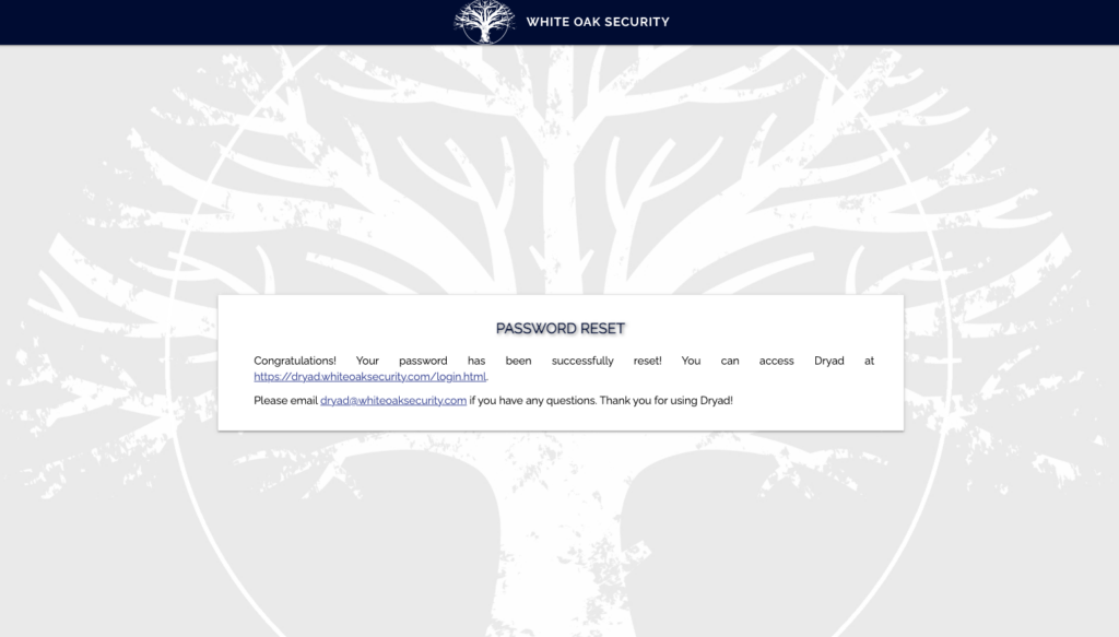 DRYAD password reset page that says the reset has been successful 