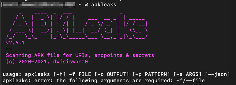 APKLeaks code screenshot from White Oak Security basic help menu, error that a file is needed.