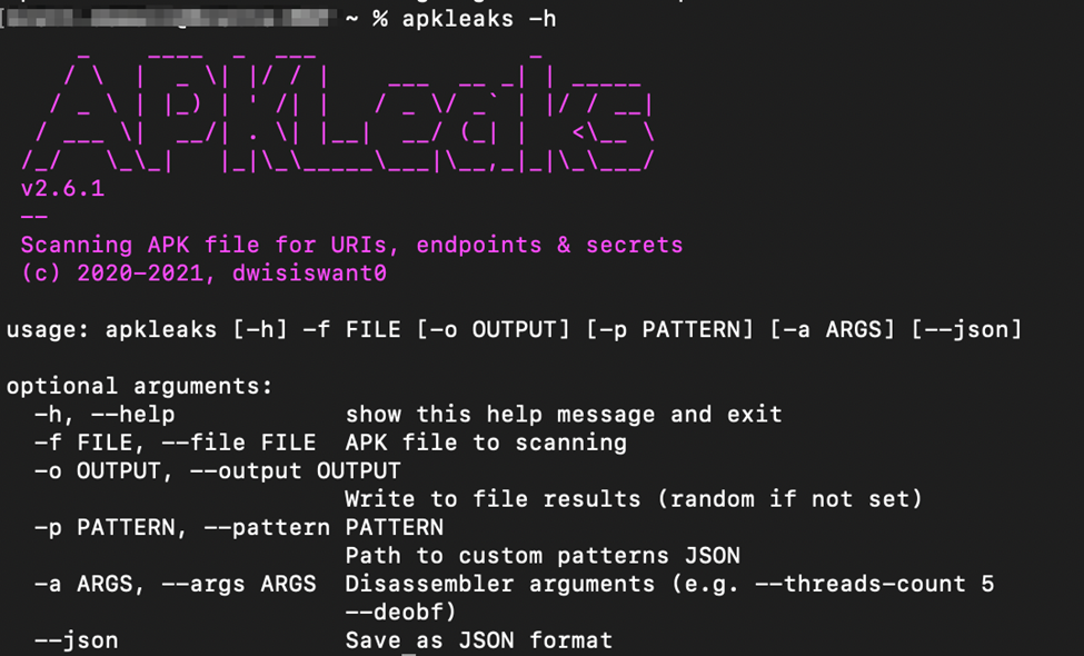 APKLeaks screenshot scanning for URIs, endpoints, and secrets, optional arguments in white oak security's blog