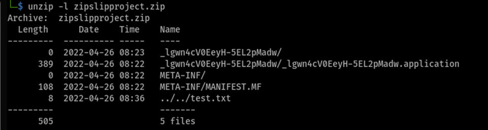 The zip file contained a META-INF directory with a manifest, as well as a directory with a unique ID that contained an XML file with an “.application” extension. White Oak Security added a file “test.txt” with a directory traversal to test for a Zip Slip vulnerability: