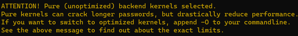 screenshot by white oak security shows warning of backened kernels, pure kernals can crack longer passwords but reduce performance, optimized kernals can help