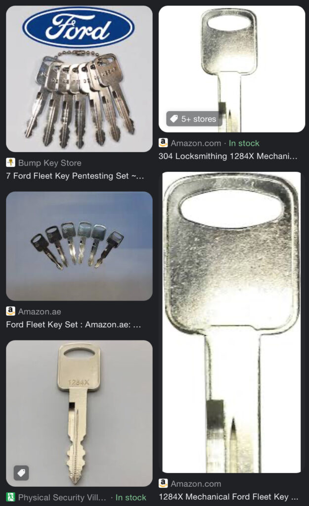 Google search screenshot by white oak security shows ford fleet keys readily available for anyone to buy. 
