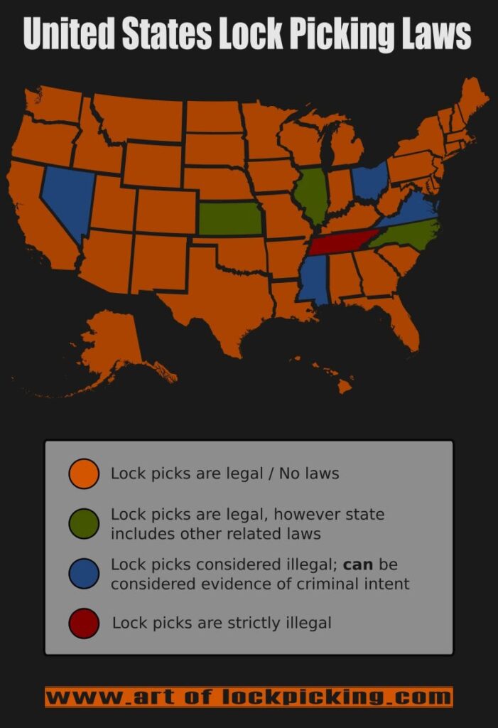Lockpicking chart of the USA for legally Lockpicking legal laws per state. 