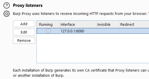 In Burp Proxy > Proxy Settings > Proxy Listeners, disable the localhost proxy listener. Screenshot shows the proxy listeners pop up, by white oak security, a cyber advisors company.
